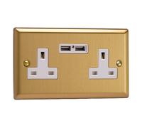 Varilight Double Unswitched Plug Socket With Usb Charging - Classic Brushed Brass With White Insert, Xb5U2W