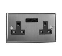Varilight Double Unswitched Plug Socket With USB Charging - Classic Brushed Steel With Black Insert, XT5U2B