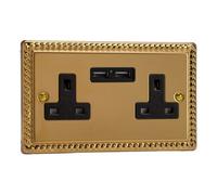 Varilight 2-Gang Unswitched Socket – 13A, 2 Optimised USB Ports – Georgian Brass Effect, Black Insert