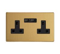 Varilight Double Unswitched Plug Socket With Usb Charging - Screwless Brushed Brass With Black Insert, Xdb5U2Bs