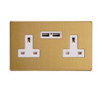 Varilight Double Unswitched Plug Socket With Usb Charging - Screwless Brushed Brass With White Insert, Xdb5U2Ws