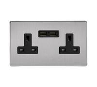 Varilight 2 Gang, 13 Amp Unswitched Socket with 2 Optimised USB Charging Ports, Black Insert. Dimension Screwless Brushed Steel