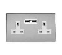 Varilight Double Unswitched Plug Socket With Usb Charging - Screwless Brushed Steel With White Insert, Xds5U2Ws