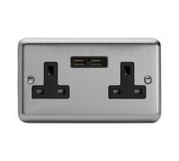 Varilight Double Unswitched Plug Socket With Usb Charging - Value Matt Chrome With Black Insert, Xs5U2B
