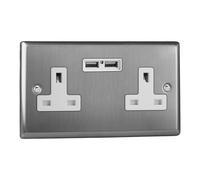 Varilight 2-Gang 13A Unswitched Socket + 2x5V DC 2100mA USB Charging Ports Brushed Steel