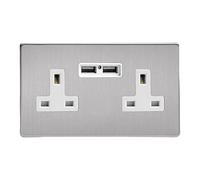 Varilight 2 Gang, 13 Amp Unswitched Socket with 2 Optimised USB Charging Ports, White Insert. Dimension Screwless Brushed Steel