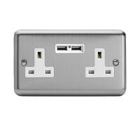 Varilight 2 Gang, 13 Amp Unswitched Socket with 2 Optimised USB Charging Ports, White Insert. Classic Polished Chrome)