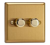 Varilight Double V-Com Rotary 2-Way Led Dimmer 2 X 0-100W - Classic Brushed Brass With Polished Brass Knob, Kbp102