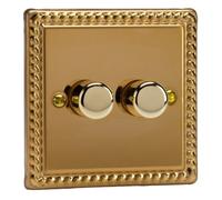 Varilight Double V-Com Rotary 2-Way Led Dimmer 2 X 0-100W - Classic Georgian Brass With Polished Brass Knob, Kgp102
