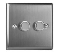 Varilight 2-Gang V-Pro Rotary LED Dimmer 2 x 0-120W - 2-Way Push On/Off - Brushed Steel Knob