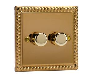 Varilight Double V-Pro Rotary 2-Way Led Dimmer 2 X 0-120W - Classic Georgian Brass With Polished Brass Knob, Jgp252