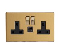 Varilight Flat Plate Screwless Brushed Brass 2-Gang 13A Single Pole Switched Socket with 1x USB A & 1x USB C Charging Ports with Black Inserts