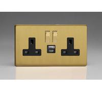 Varilight Flat Plate Screwless Brushed Brass 2-Gang 13A Single Pole Switched Socket with 1x USB A & 1x USB C Charging Ports with Black Inserts