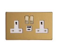 Varilight Flat Plate 2-Gang 13A Switched Socket – Brushed Brass, USB-A & USB-C, White Inserts