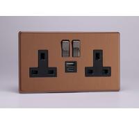 Varilight Flat Plate Screwless Brushed Bronze 2-Gang 13A Single Pole Switched Socket with 1x USB A & 1x USB C Charging Ports