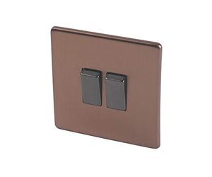 Varilight Flat Plate Screwless Brushed Bronze 2 Gang 2-Way 10 Amp Light Switch