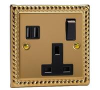 VARILIGHT | Georgian Brass | Classic | 1-Gang 13A Switched Socket with 2 x 17W Shared USB A Charging Ports | XG4U2SB
