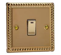 Varilight 1-Gang 20A Double Pole Rocker Light Switch + Neon Indicator Light with Metal Rockers Georgian Brass XG20ND