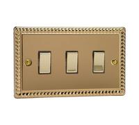 Varilight 3-Gang Twin Plate 10A 1- or 2-Way Switch Classic Georgian Brass with Brass Rockers