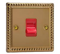 Varilight 45A Cooker Switch (Single Plate, Red Rocker) Georgian Brass XG45SS