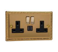 Varilight 2-Gang 13A Single Pole Switched Socket + 2x5V DC 2100mA USB Charging Ports Classic Georgian Brass with Brass/Black Insert