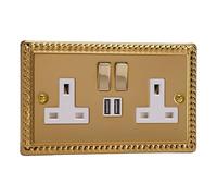 Varilight 2-Gang 13A Single Pole Switched Socket + 2x5V DC 2100mA USB Charging Ports Classic Georgian Brass with Brass/White Insert