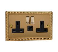Varilight 2-Gang 13A Single Pole Switched Socket with 1x USB A & 1x USB C Charging Ports Classic Georgian Brass with Brass/Black Insert