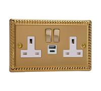 Varilight 2-Gang 13A Single Pole Switched Socket with 1x USB A & 1x USB C Charging Ports Classic Georgian Brass with Brass/White Insert
