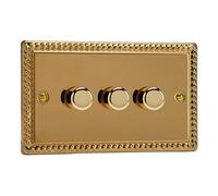 Varilight Georgian Brass, LED Dimmer Switch - V-Pro Series, 3 Gang (Double), 1 or 2 Way, 300 Watt (Trailing Edge)