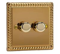 Varilight LED Dimmer Switch - Georgian Brass (Rope Edge) V-Pro Series, 2-Gang, 250W Trailing Edge