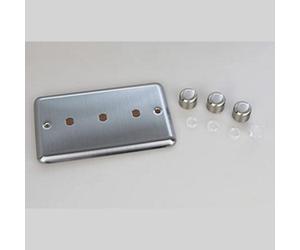 Varilight Matrix 3-Gang Double Plate Unpopulated Dimmer Kit. Classic Matt Chrome Finish (Brushed Steel Effect) Finish