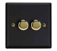 Varilight V-Pro LED Dimmer Switch, 2-Gang, Matt Black with Polished Brass Knob, 0-120W, Push On/Off