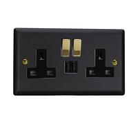 Varilight 2-Gang 13A Single Pole Switched Socket + 2x5V DC 2100mA USB Charging Ports Matt Black