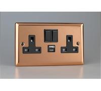 Varilight Polished Copper 2-Gang 13A Single Pole Switched Socket with 1x USB A & 1x USB C Charging Ports with Black Inserts