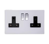 Varilight Primed Ready to Paint Flat Plate Screwless 2 Gang 13 Amp Switched Plug Socket - Black Inserts