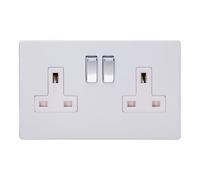 Varilight Primed Ready to Paint Flat Plate Screwless 2 Gang 13 Amp Switched Plug Socket - White Inserts, 86x147x32mm