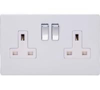 Varilight Primed Ready to Paint Flat Plate Screwless 2 Gang 13 Amp Switched Plug Socket - White Inserts, 86x147x32mm (Pack of 5)