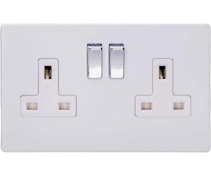 Varilight Primed Ready to Paint Flat Plate Screwless 2 Gang 13 Amp Switched Plug Socket - White Inserts, 86x147x32mm (Pack of 5)
