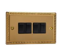 Varilight Quad 2-Way Rocker Light Switch - Classic Georgian Brass With Black Rockers, XG9B