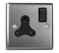 Varilight Round Pin Socket 15A - Classic Brushed Steel With Black Insert, XTRP15AB