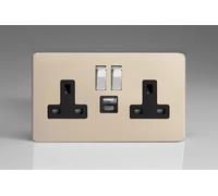 Varilight Screwless Satin Chrome 2-Gang 13A Single Pole Switched Socket with 1x USB A & 1x USB C Charging Ports with Black Inserts