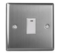 Varilight Single 20A Double Pole Switch With Neon - Classic Brushed Steel With White Rocker, XT20NW