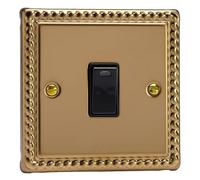 Varilight 1-Gang 20A Double Pole Rocker Switch + Neon Indicator Light Classic Georgian Brass with Black Rocker