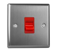 Varilight Cooker Switch XT45S - 45A DP Single Plate - Classic Brushed Steel Red Insert