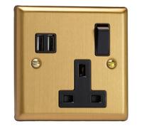 Varilight Single Plug Socket With Usb Charging - Classic Brushed Brass With Black Insert, Xb4U2Sb