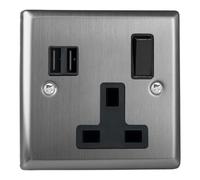 Varilight Single Plug Socket With USB Charging - Classic Brushed Steel With Black Insert, XT4U2SB