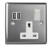 Varilight Single Socket With USB Charging - Classic Brushed Steel With White Insert