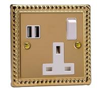 Varilight 1-Gang 13A Socket XG4U2SW - 2x5V DC 3400mA USB - Classic Georgian Brass/White Insert