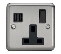Varilight Single Plug Socket With USB Charging - Value Matt Chrome With Black Insert, XS4U2SB