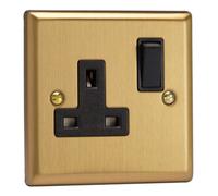 Varilight Single Switched Plug Socket - Classic Brushed Brass With Black Insert, Xb4B
